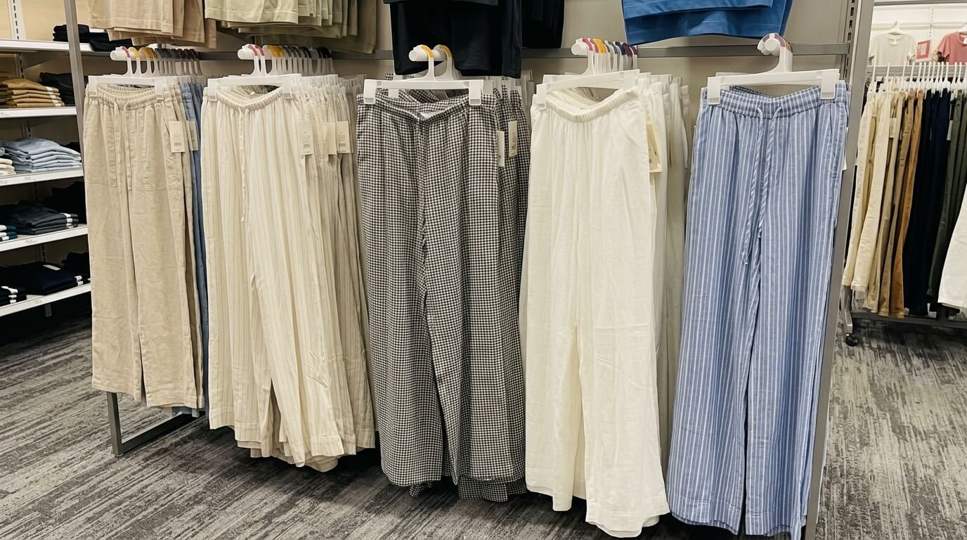 Wide-leg pants in beige, cream, black-and-white check, white, and blue stripes hanging on a store rack