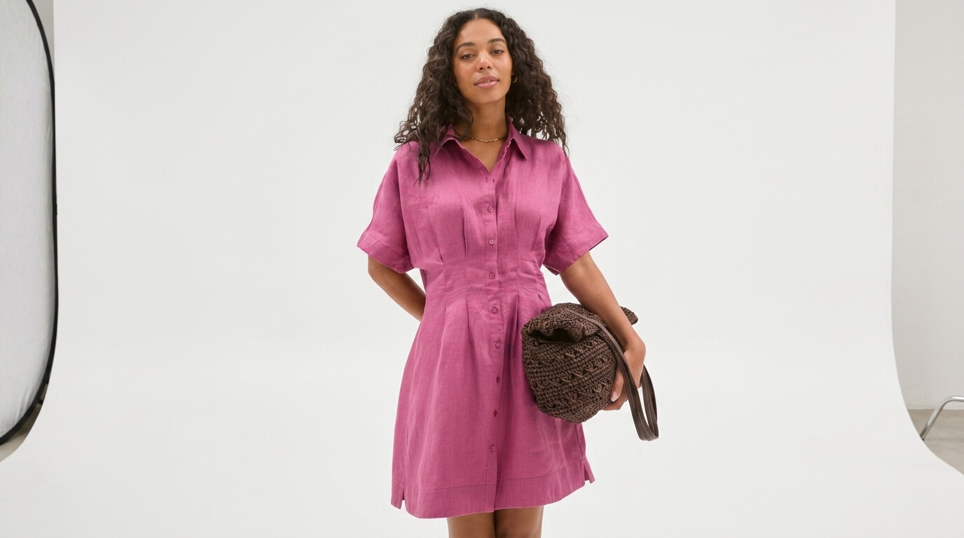 Woman in a pink button-up dress holding a brown woven bag against a white studio backdrop