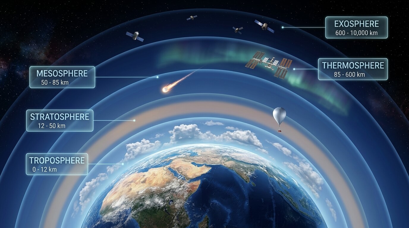 Diagram of Earth's atmospheric layers with altitude ranges and objects like satellites, a meteor, and a hot air balloon.