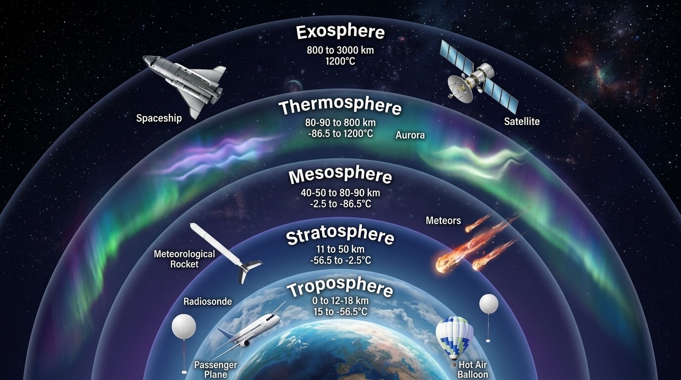 Diagram of Earth's atmospheric layers with altitudes, temperatures, and objects like spaceship, satellite, meteors, and hot air balloon.