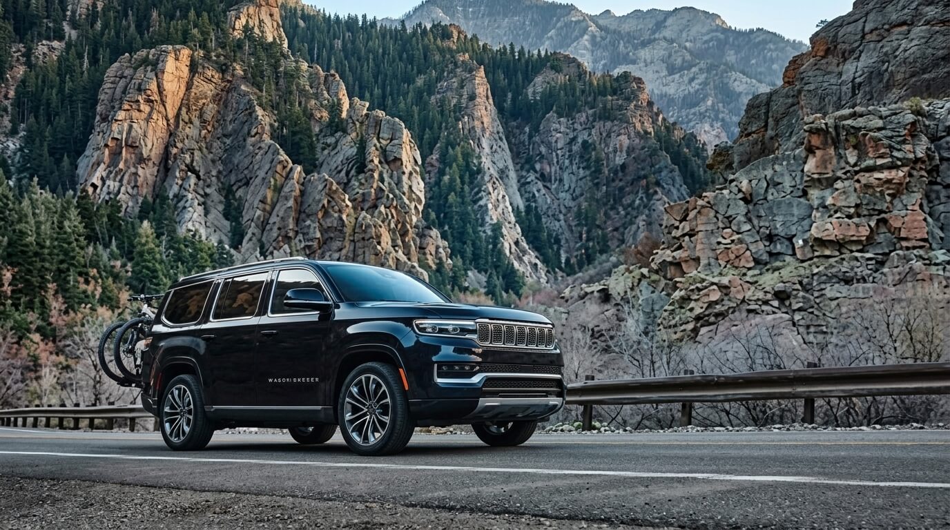 Black Jeep Wagoneer SUV with bicycles on rear rack parked on mountain road with rocky cliffs and pine trees background