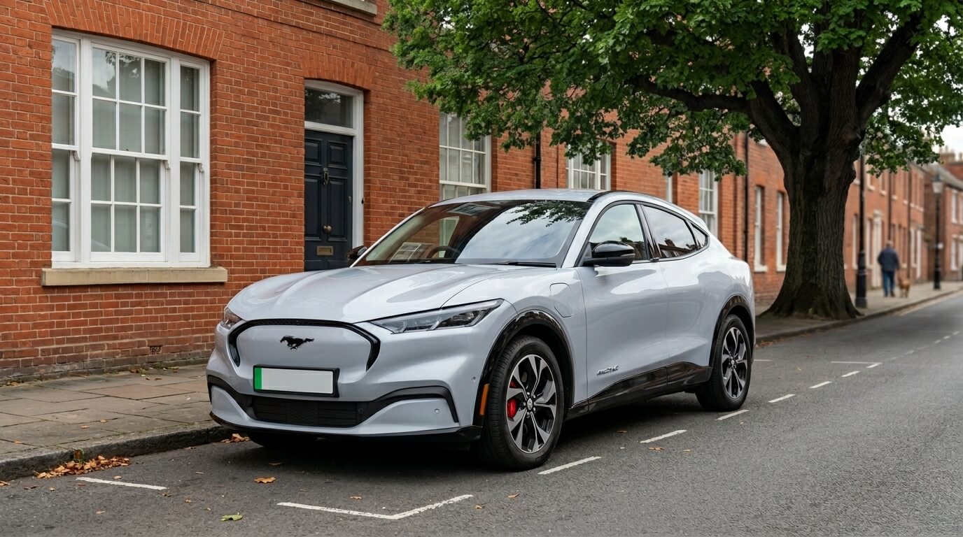 Silver Ford Mustang Mach-E electric SUV parked on a residential street with brick houses and a large tree nearby