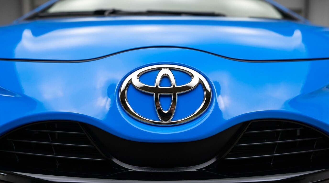 Close-up of a blue Toyota car front grille with the Toyota emblem centered