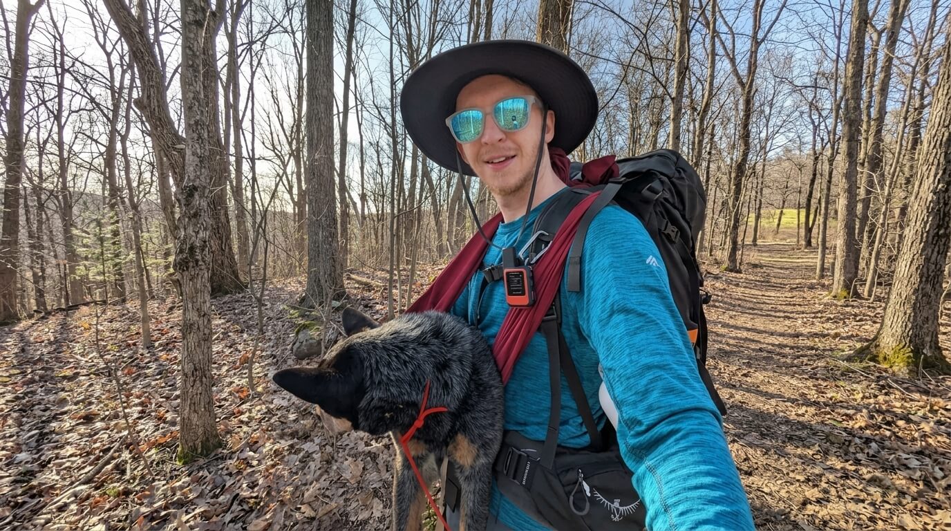 Man wearing a wide-brim hat and blue shirt hiking in a forest carrying a dog in a front carrier sling.
