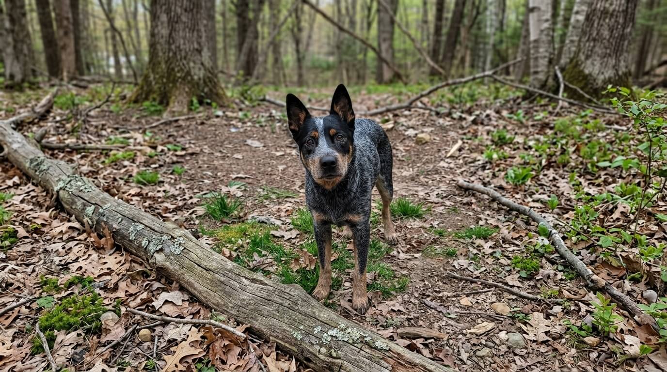 Blue heeler dog standing on a forest trail surrounded by trees and fallen leaves.