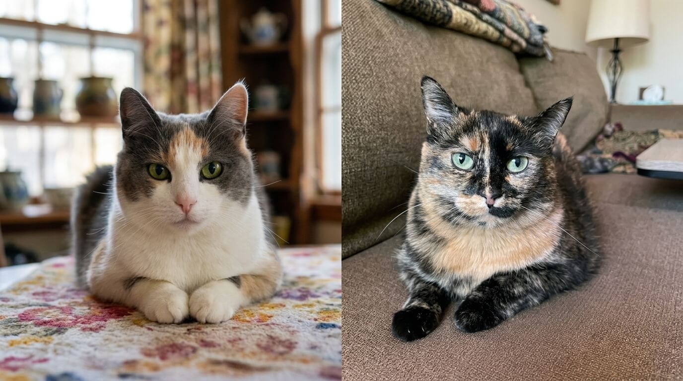 Two cats lying down, one calico on a floral tablecloth and one tortoiseshell on a brown couch