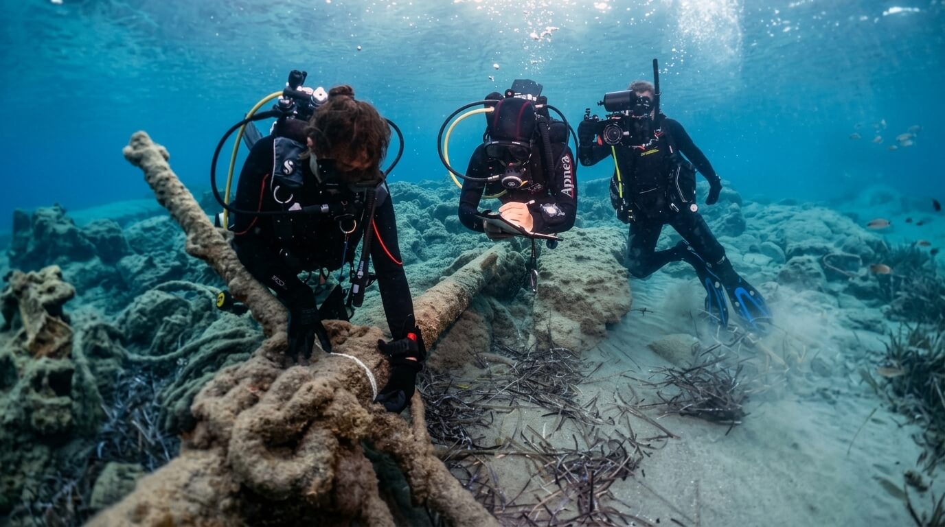 Three scuba divers exploring and documenting a large underwater anchor on the ocean floor.