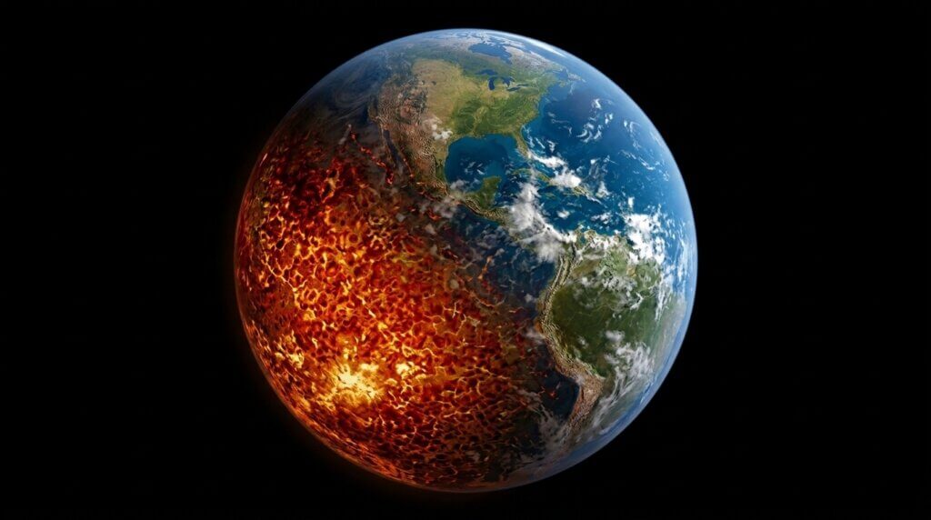 Earth with half its surface depicted as molten lava, illustrating extreme planetary heating or destruction.