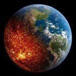 Earth with half its surface depicted as molten lava, illustrating extreme planetary heating or destruction.