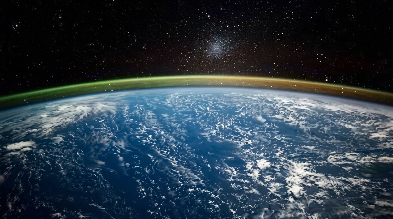Curved Earth horizon with clouds and atmospheric glow under a star-filled space background.