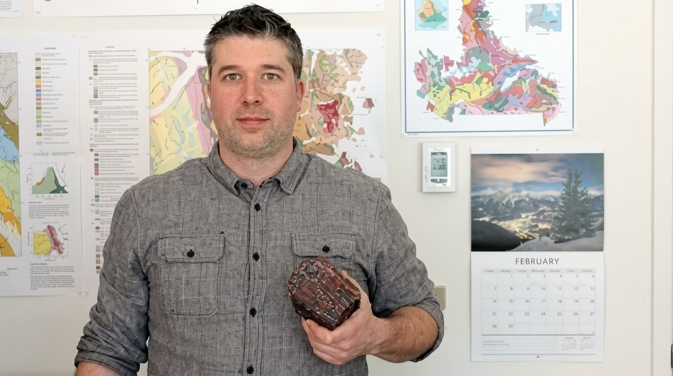 Man in gray shirt holding a large brown mineral specimen in front of geological maps and a February calendar