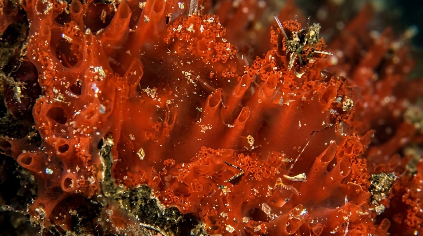 Close-up of bright red coral with tubular structures and small marine debris underwater