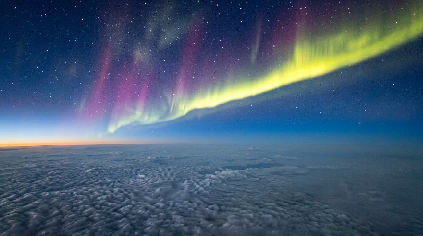 Aurora borealis with green and purple lights over a cloudy sky at night with visible stars.
