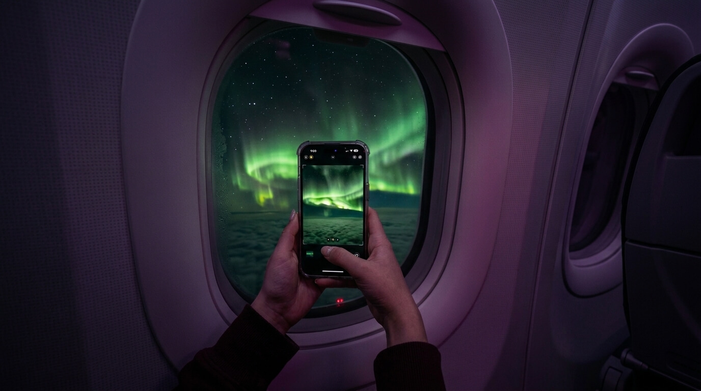 Hands holding a smartphone capturing the northern lights through an airplane window at night
