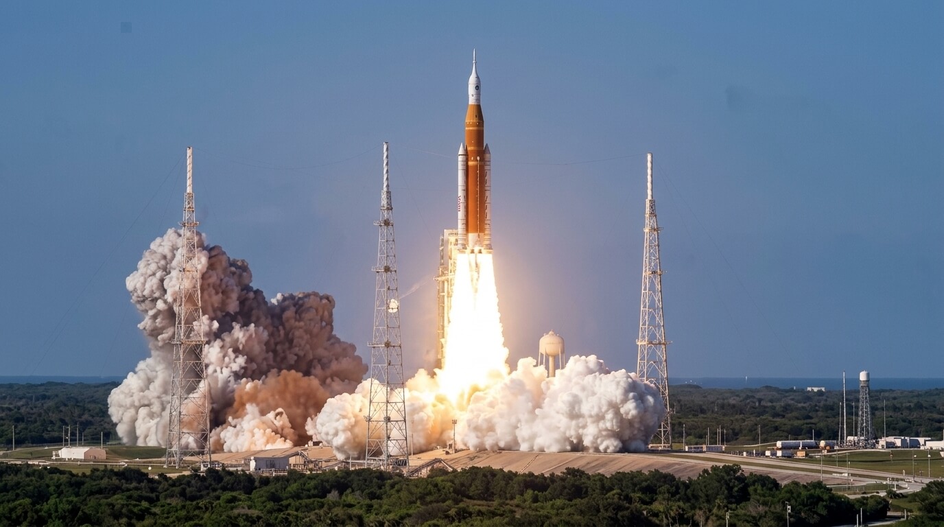 NASA's Artemis I rocket launching from Kennedy Space Center with smoke and flames at liftoff