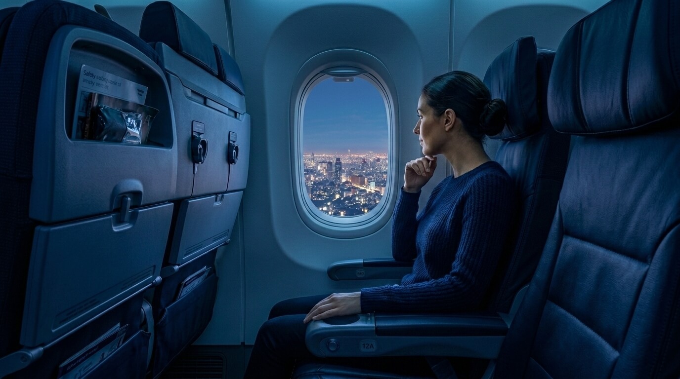 Woman in a blue sweater sitting by an airplane window looking at a cityscape at dusk.