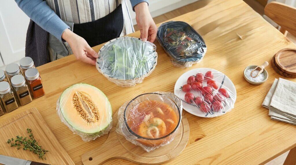 Person covering bowls of food, cantaloupe, and tomatoes with plastic wrap on a wooden table with spices and herbs nearby
