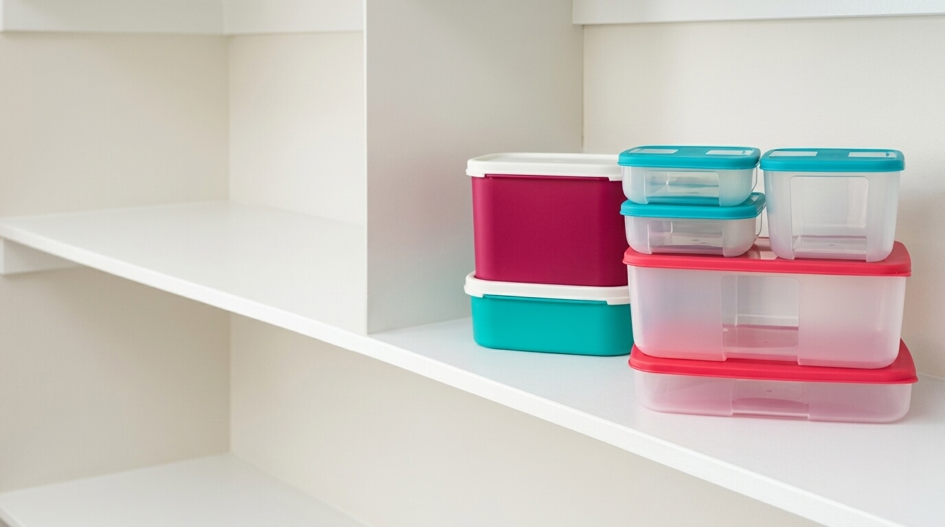 Stack of colorful plastic food storage containers on a white shelf
