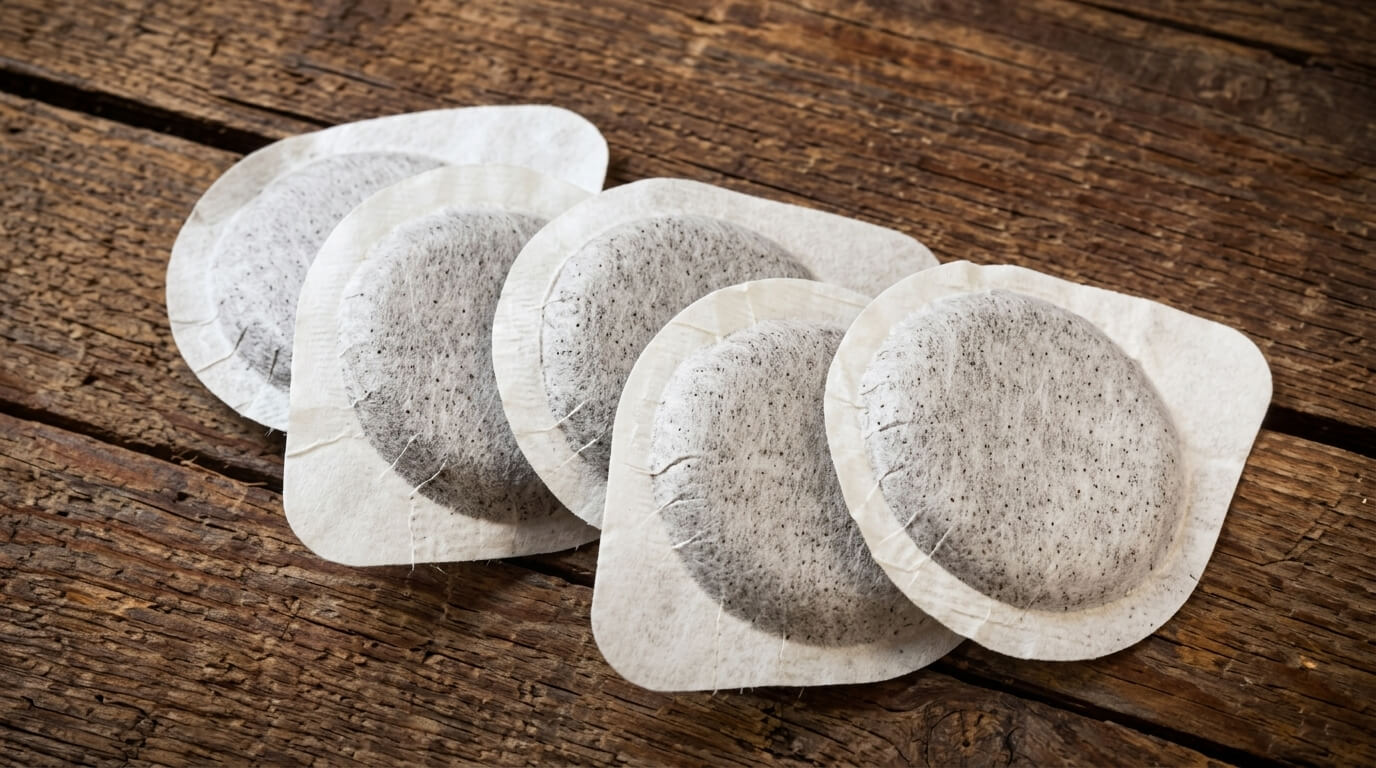 Five round white snus pouches arranged on a wooden surface