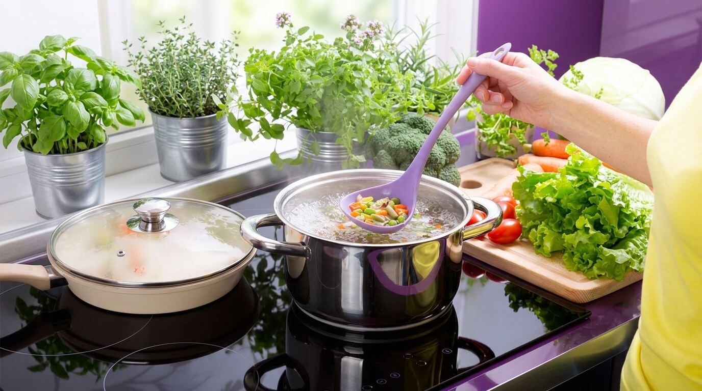Hand stirring mixed vegetables in a pot on a stove with fresh herbs and vegetables nearby