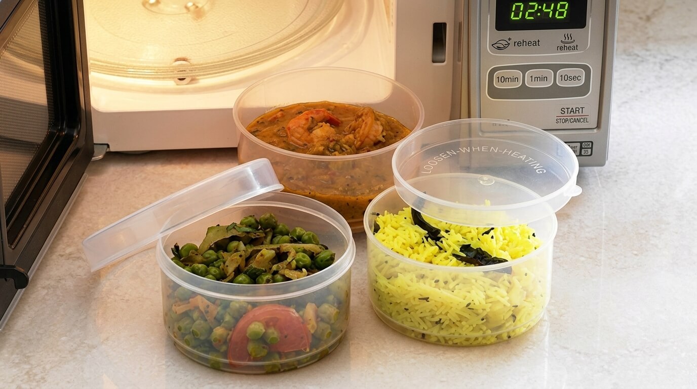 Microwave with three plastic containers of cooked food: shrimp curry, spiced peas, and yellow rice.
