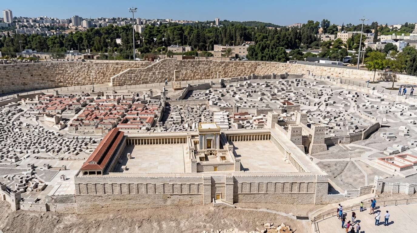Detailed scale model of the Second Temple in Jerusalem with surrounding ancient city ruins and visitors nearby