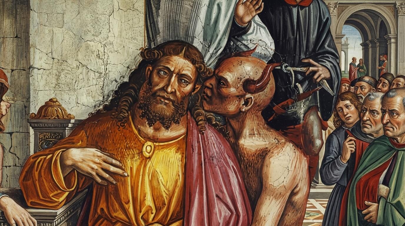 Jesus Christ being tempted by the devil with a crowd watching in a Renaissance-style painting