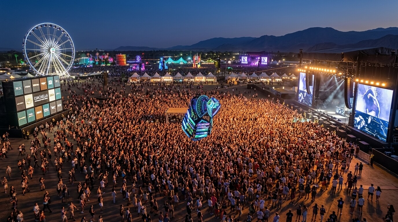Large crowd at Coachella music festival near stage and Ferris wheel at dusk with illuminated art installation above audience.