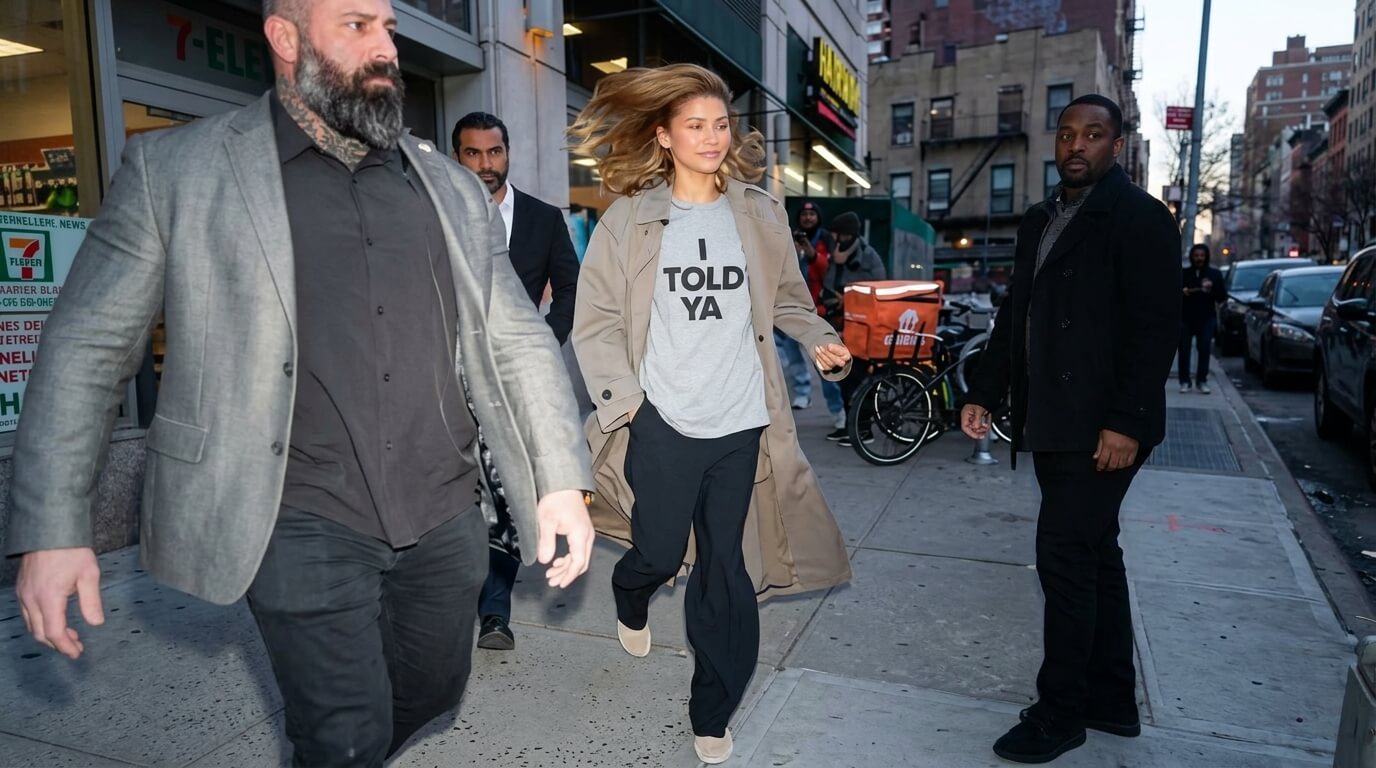 Zendaya walking on a city sidewalk wearing a trench coat and a gray shirt that says "I TOLD YA"