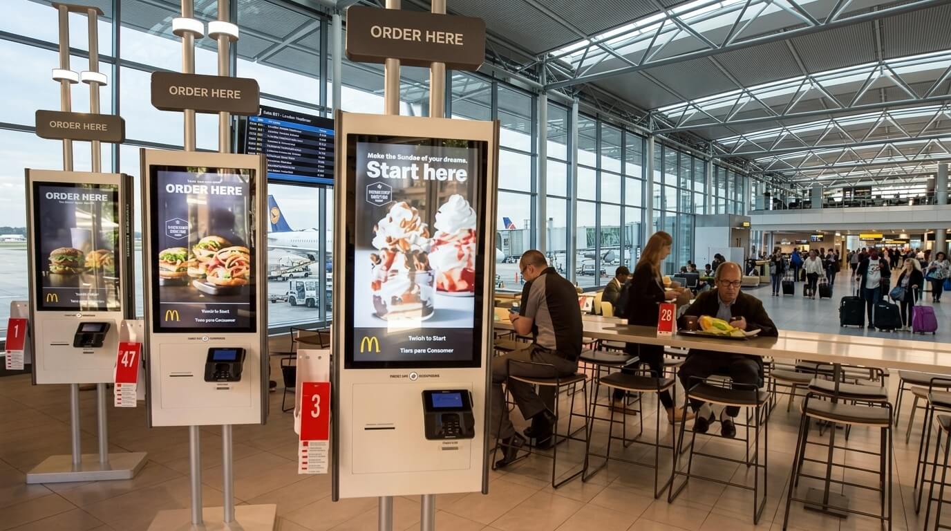 McDonald's self-order kiosks with food images inside an airport terminal near seating and travelers.