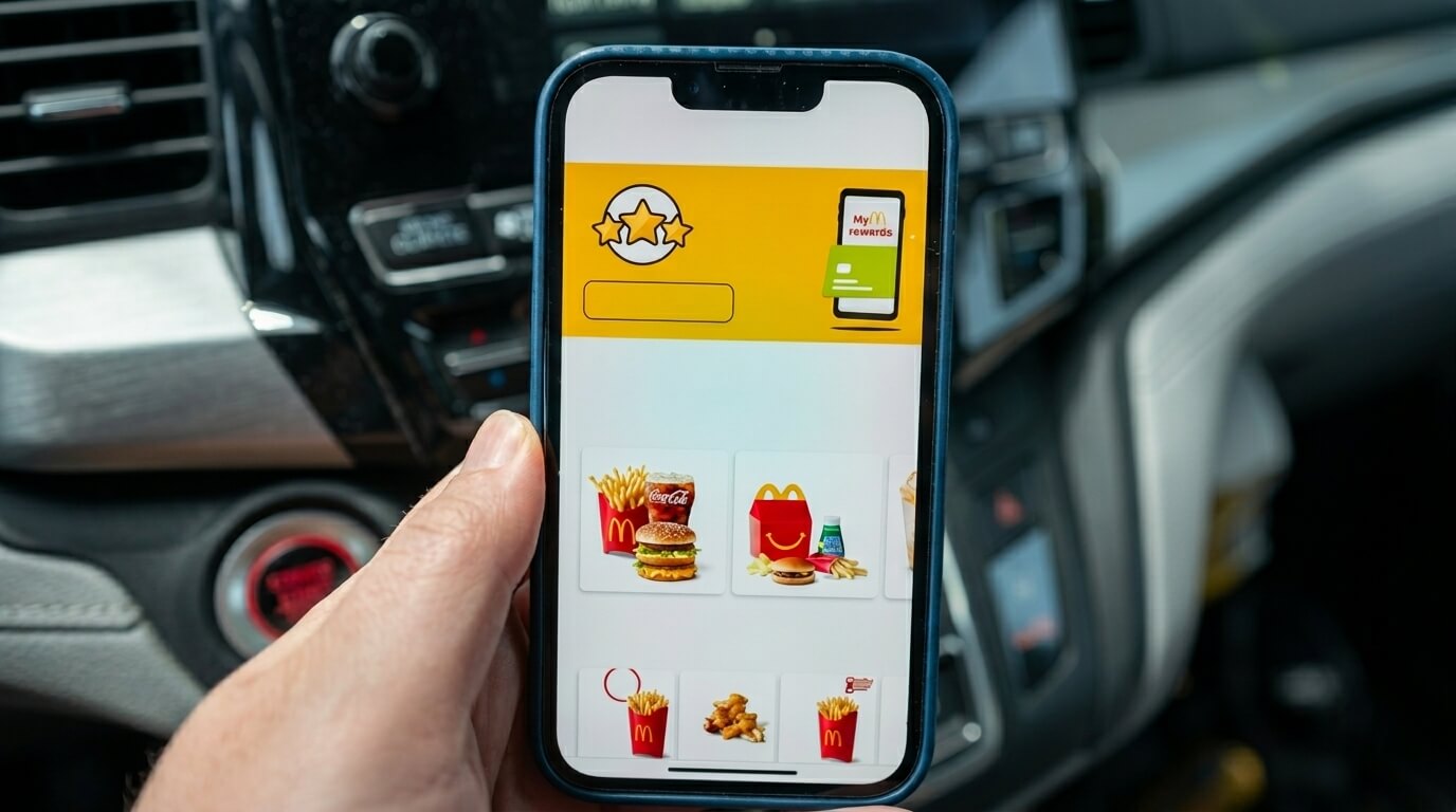 Hand holding smartphone displaying McDonald's mobile app with menu items inside a car interior