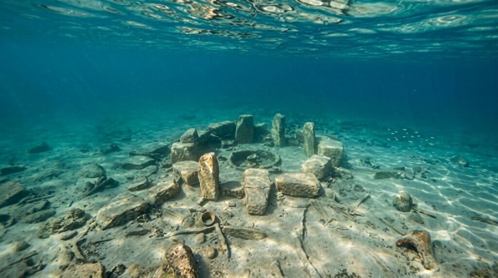 Underwater ancient stone circle ruins on sandy seabed with scattered artifacts and fish swimming nearby