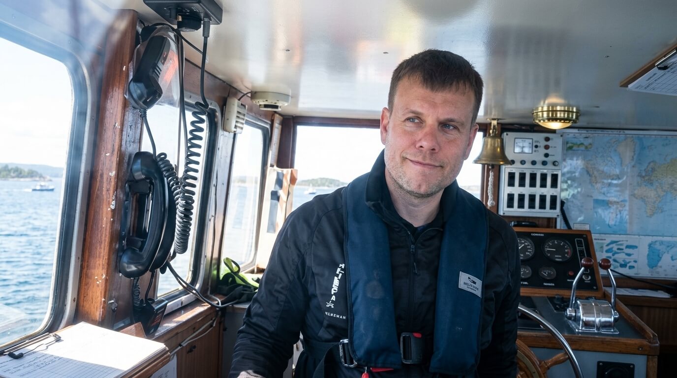 Man wearing Helly Hansen life jacket steering a boat inside the cabin with nautical controls and maps visible