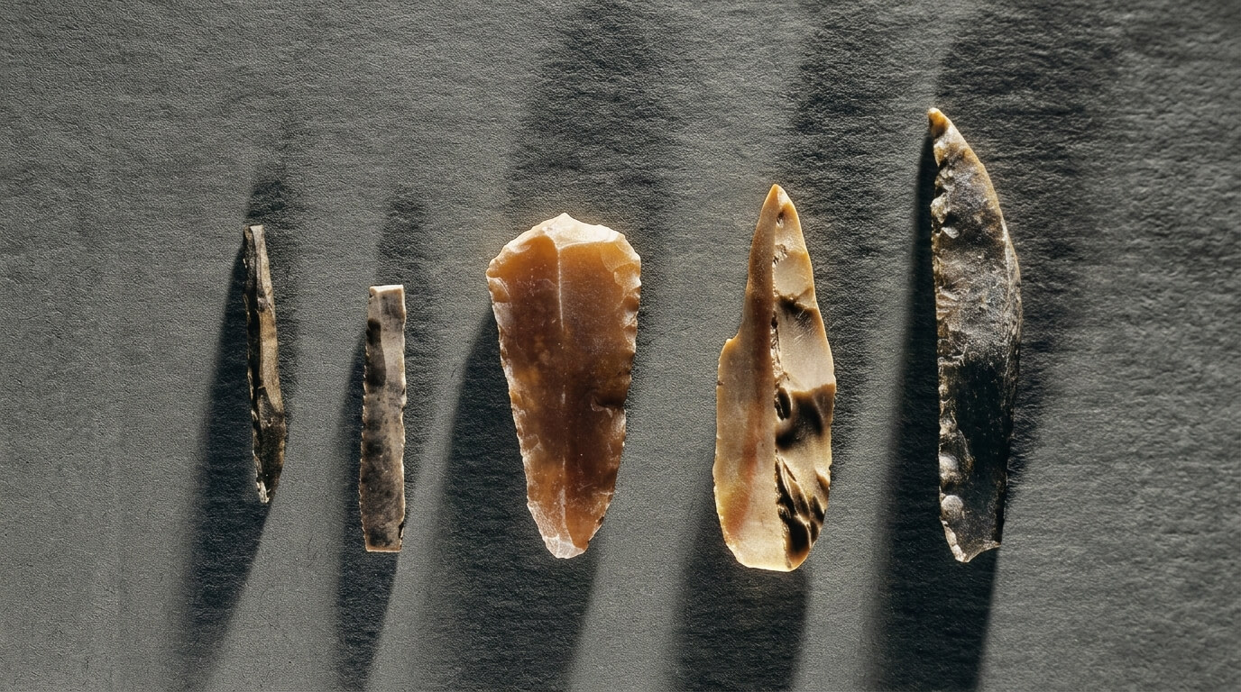 Five ancient flint arrowheads or stone tools arranged in a row on a textured surface with shadows.
