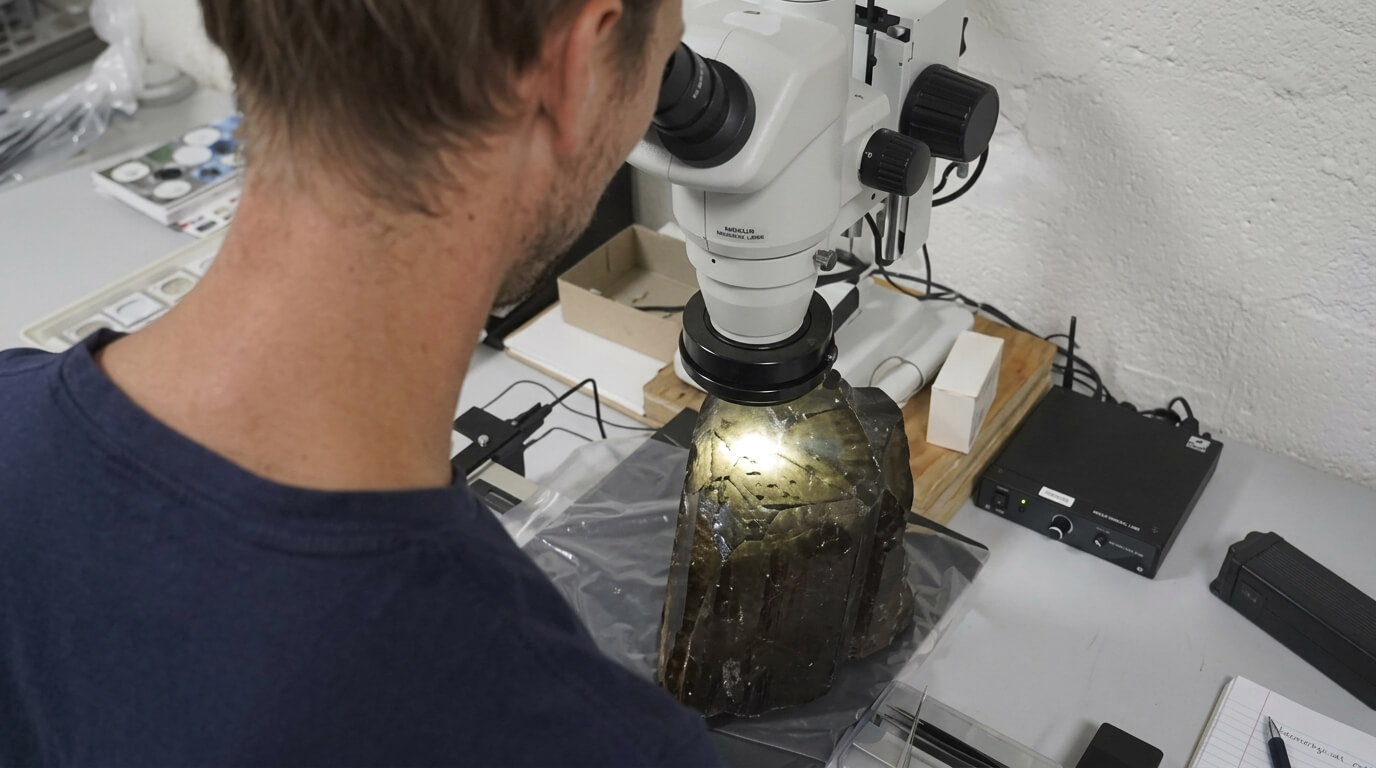 Person examining a large mineral crystal under a Bausch & Lomb microscope in a lab setting.