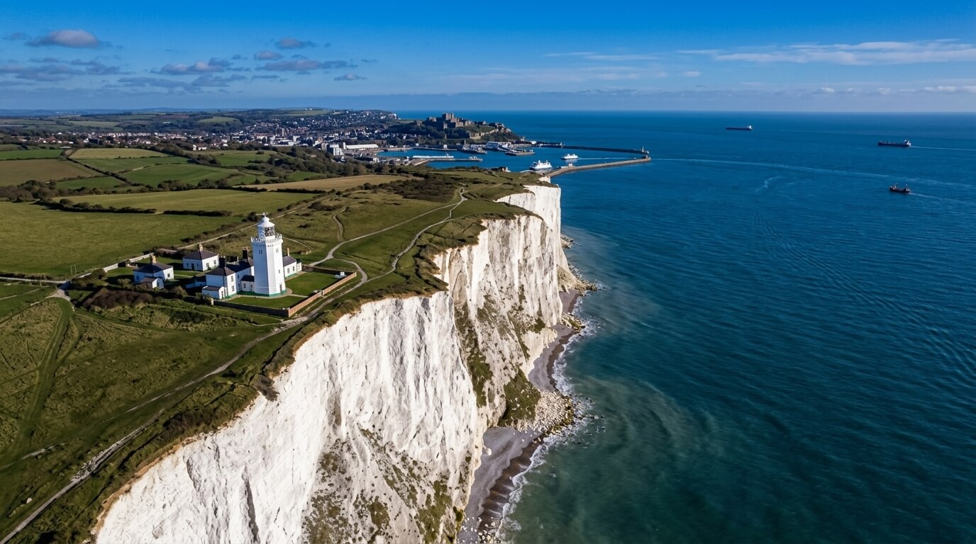 White chalk cliffs with a lighthouse on the edge overlooking the sea and a coastal town in the distance.