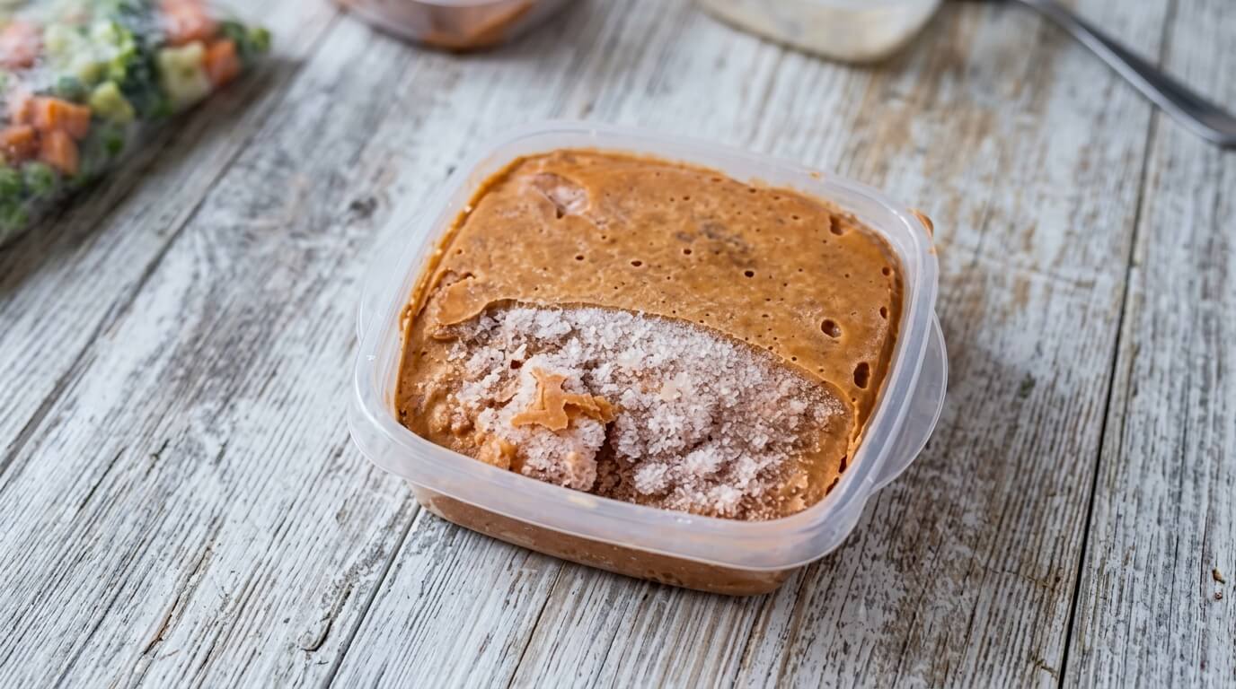 Frozen peanut butter in a plastic container on a wooden surface with frozen mixed vegetables in the background