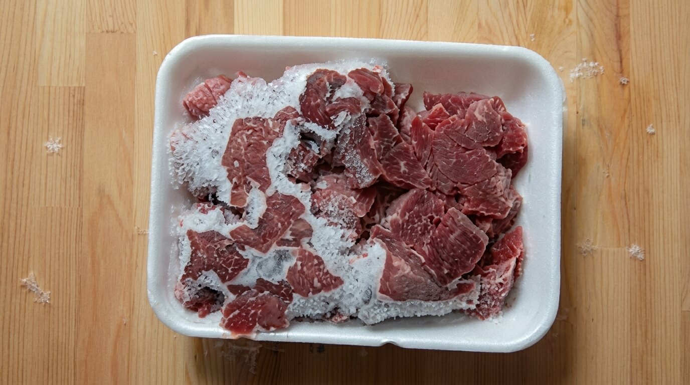 Frozen raw beef slices in a white foam tray on a wooden surface with frost buildup.
