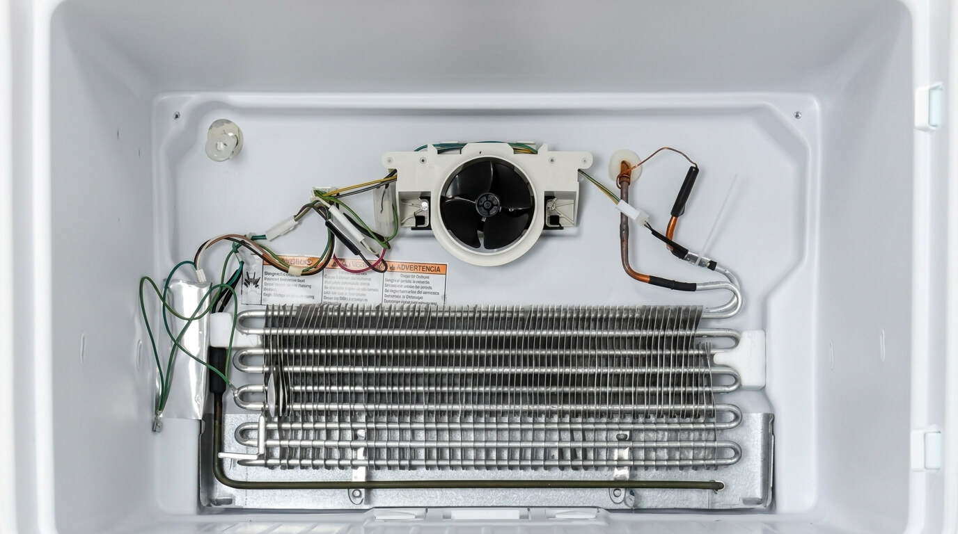 Refrigerator evaporator coil and fan assembly inside freezer compartment with wiring and copper tubing.