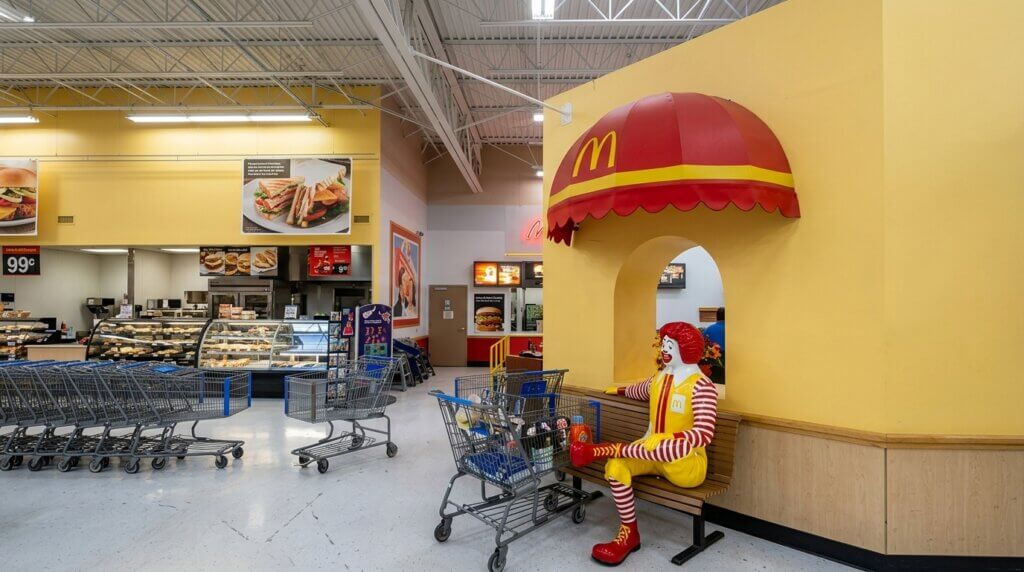 Ronald McDonald statue sitting on a bench under a red and yellow McDonald's awning inside a grocery store.