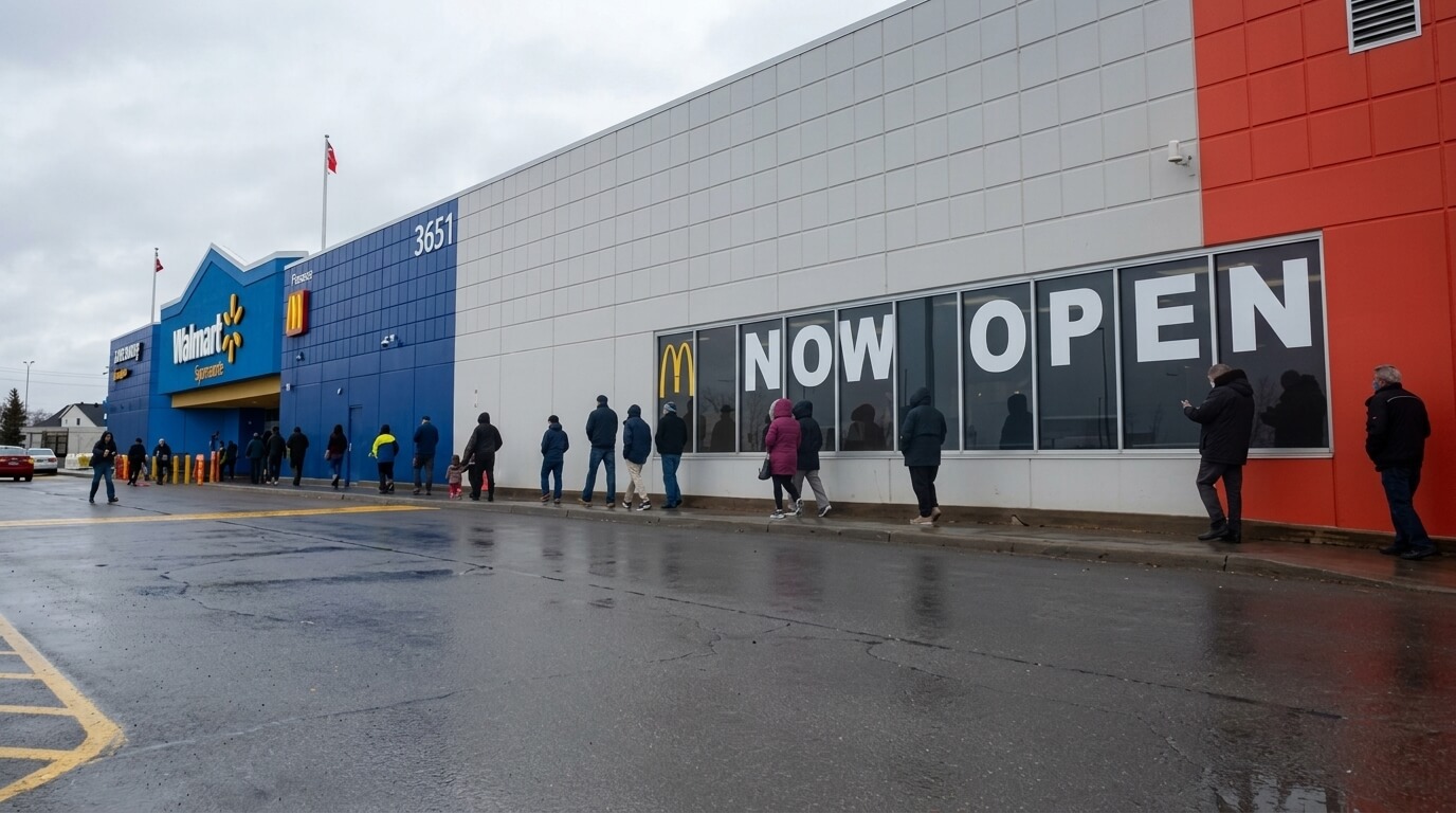 People lined up outside Walmart with a McDonald's "NOW OPEN" sign on the building wall.