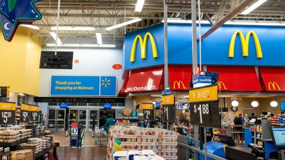 McDonald's restaurant inside a Walmart store near checkout lanes with price signs and shoppers.