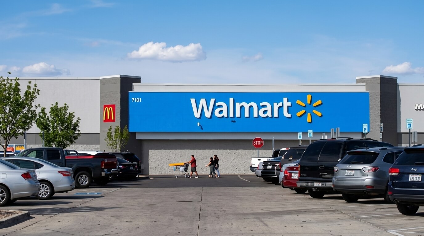 Walmart storefront with parked cars and three people walking with a shopping cart in the parking lot