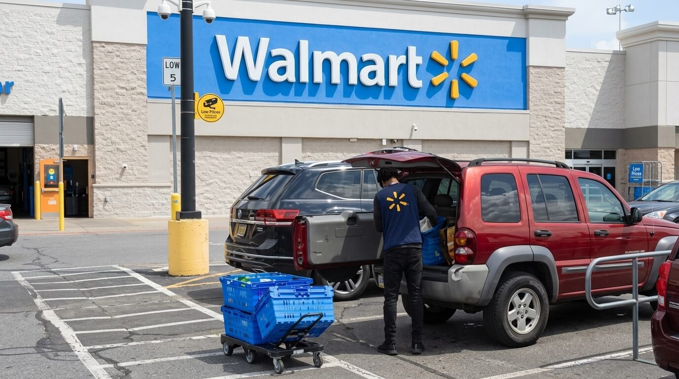 Walmart employee loading blue crates into the back of a red SUV in a Walmart parking lot.