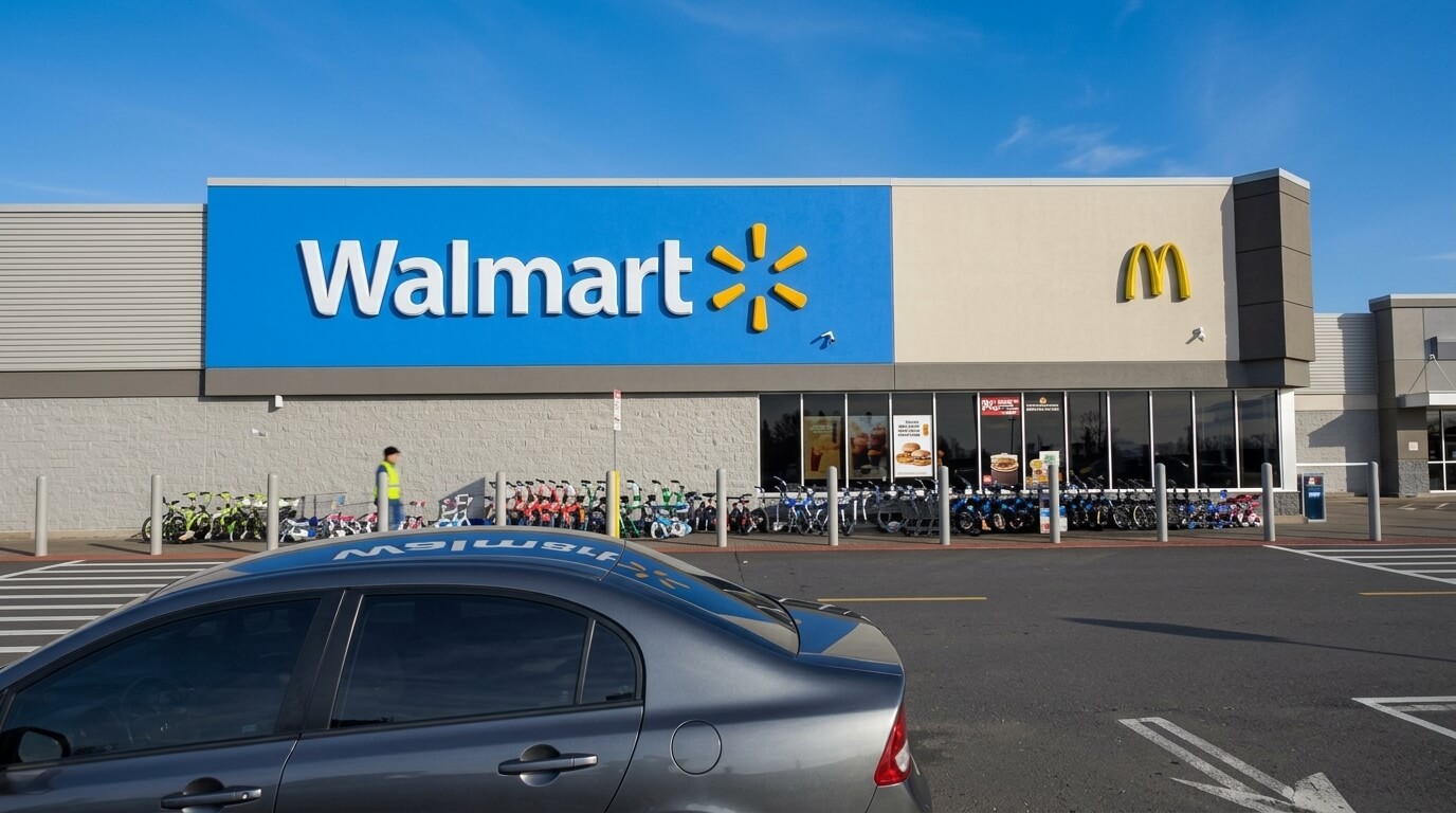Walmart storefront with McDonald's logo on the building and bicycles displayed outside under a clear blue sky.