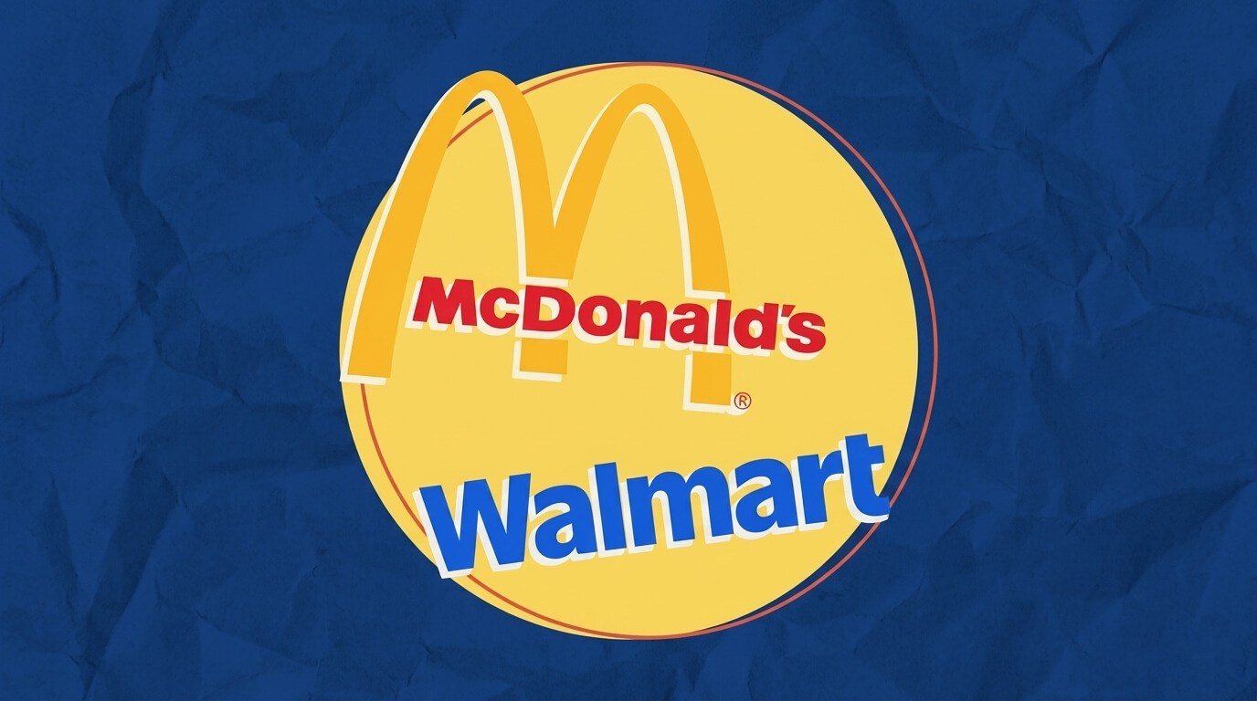 Combined McDonald's and Walmart logos on a yellow circle with a blue textured background