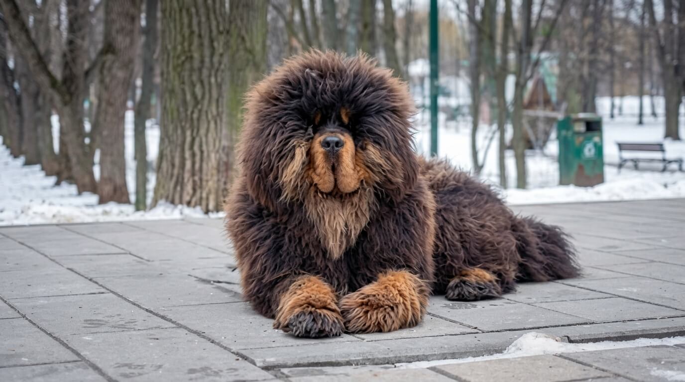 Large fluffy Tibetan Mastiff dog lying on a snowy park pathway with trees and benches in the background.