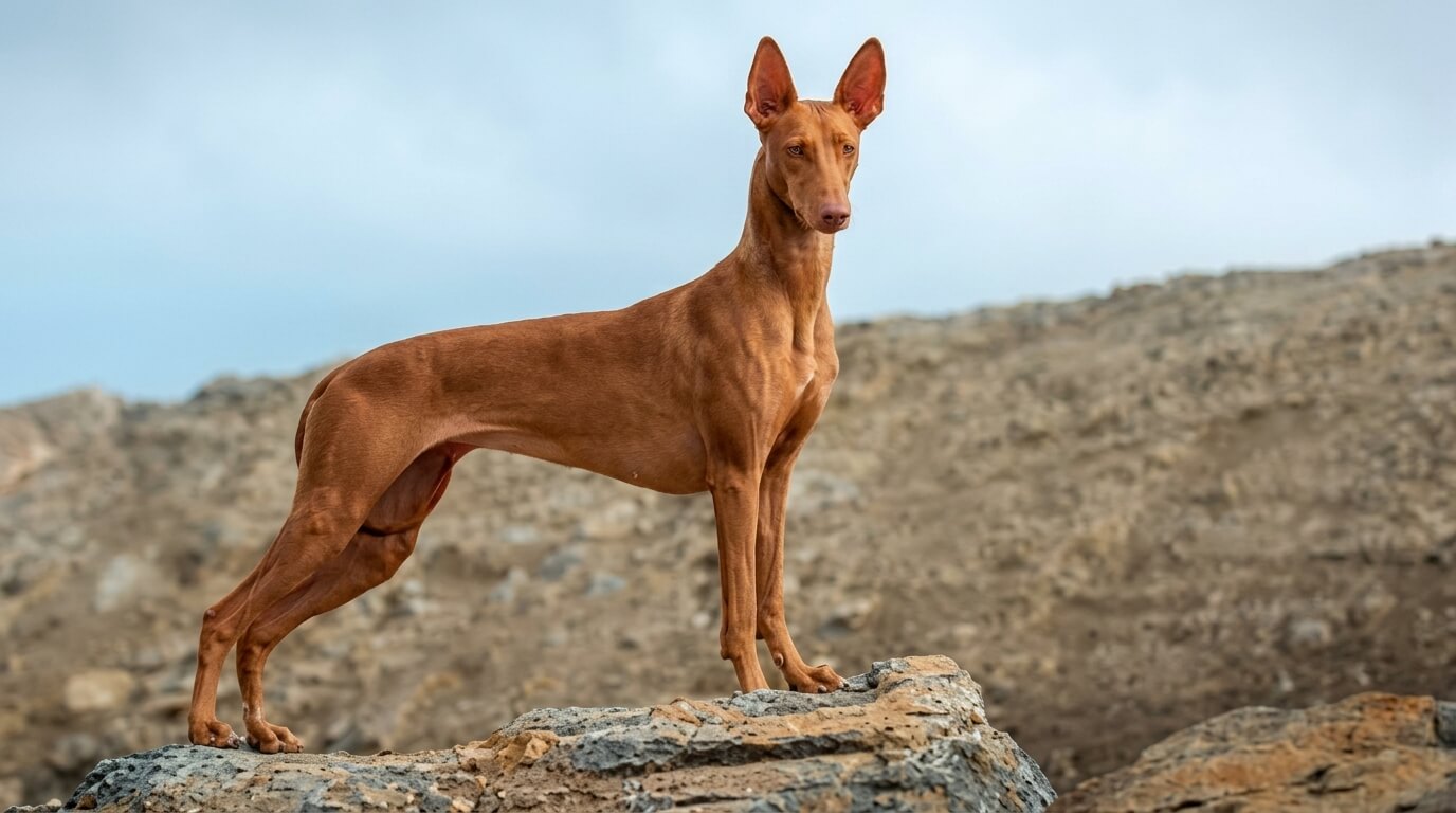 Pharaoh Hound standing alert on rocky terrain with a blurred natural background.