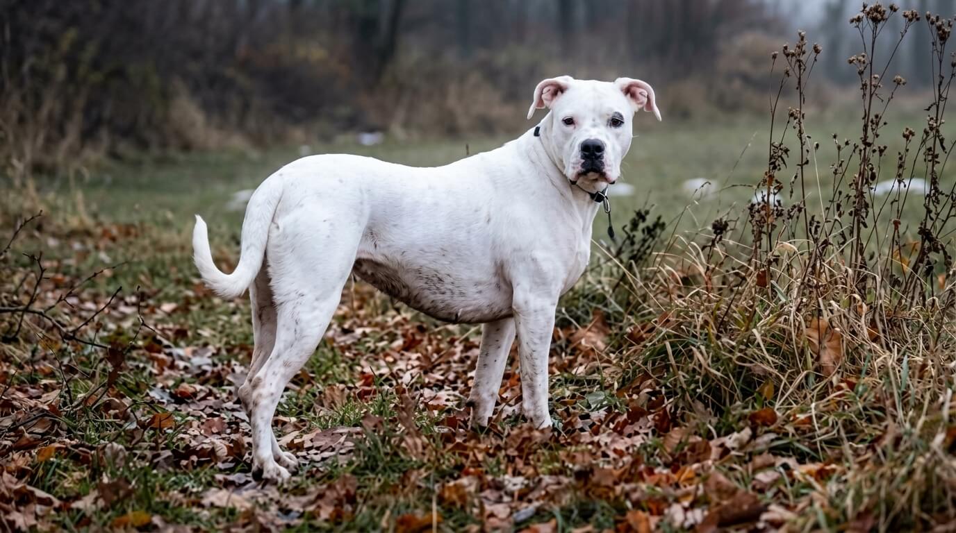 White American Bulldog standing on a leaf-covered path in a natural outdoor setting