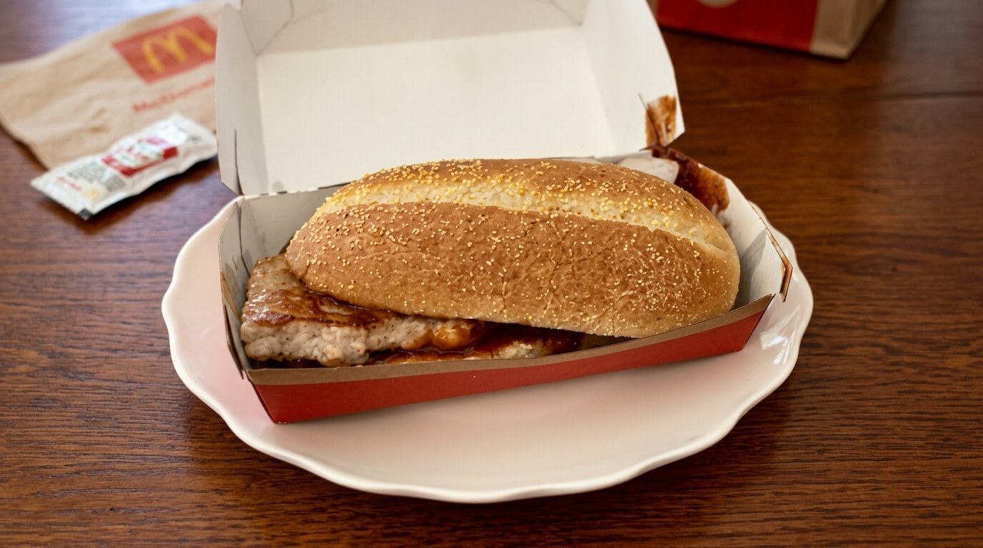 McDonald's sandwich with grilled chicken in a sesame bun on a white plate with ketchup packet and napkin nearby
